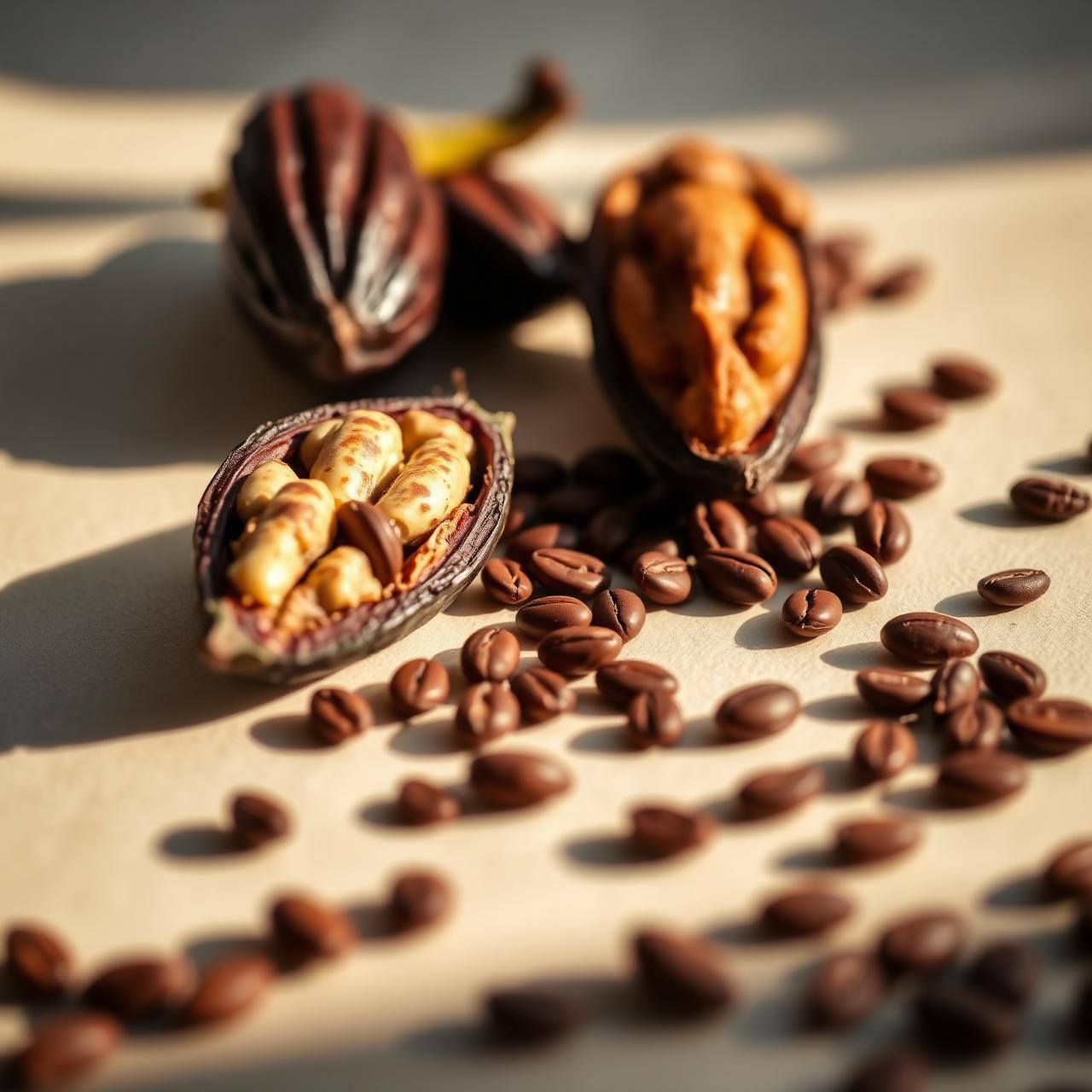 Ghanaian cocoa pods and roasted beans