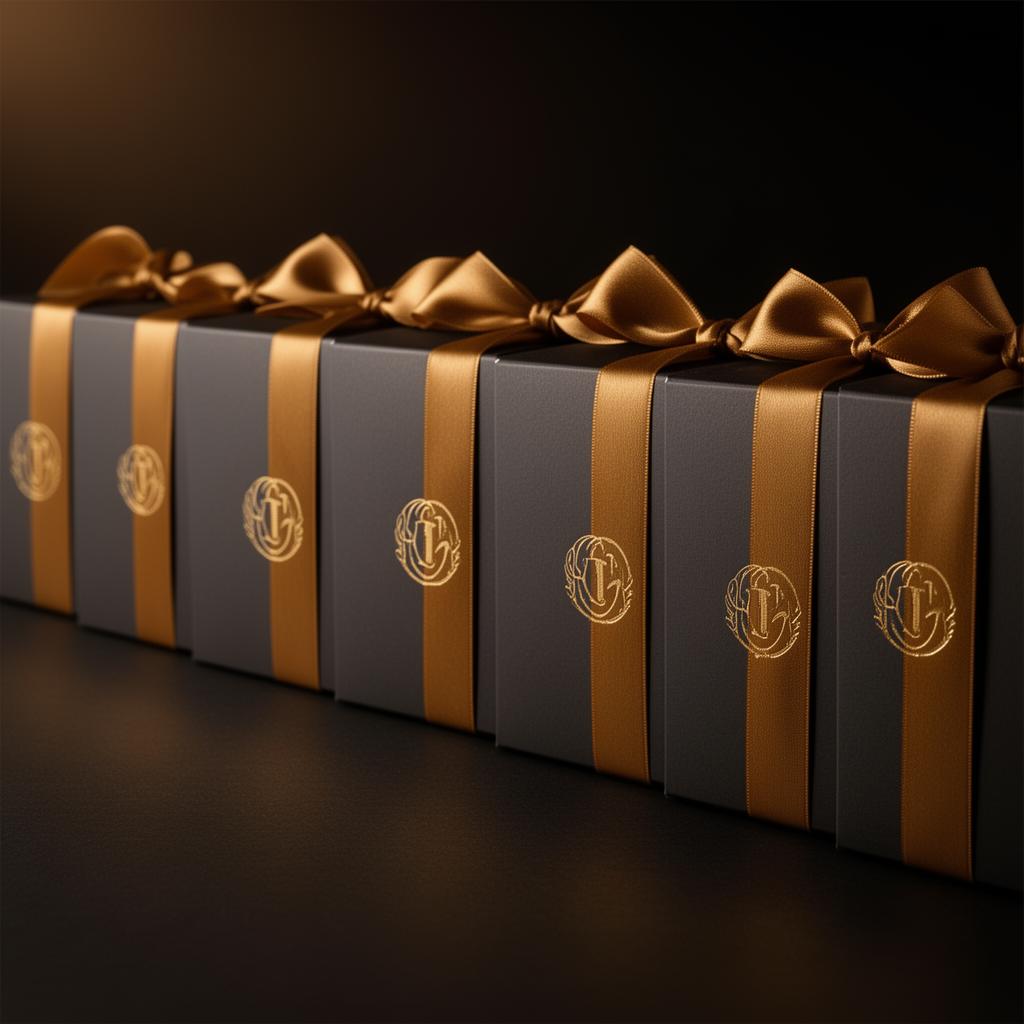 Row of branded chocolate boxes with custom gold logos