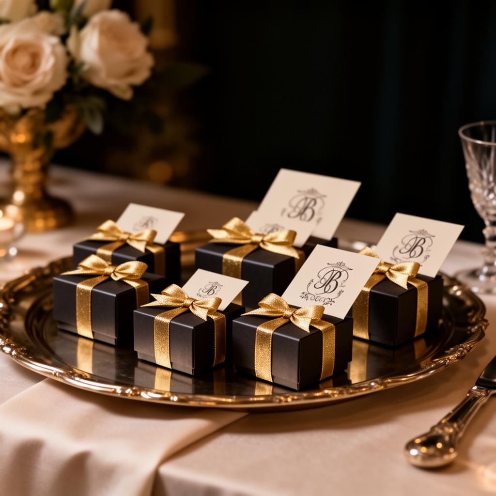 Wedding chocolate favours with monogrammed cards on silver tray